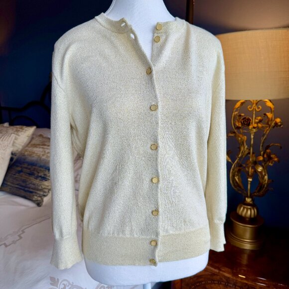 Nine West Light Gold Cotton Blend Metallic Buttoned Cardigan - Picture 2 of 13